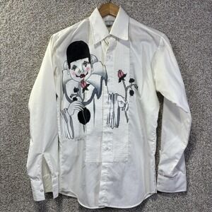 Vintage L&M Formals Shirt Womens Small White Clown Hand Painted Tuxedo Art